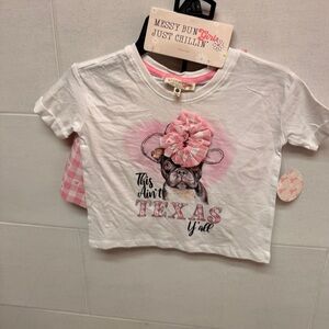 Messy Bun Kids White Tee with Pink Dog Graphic